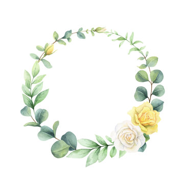 Watercolor vector hand painted wreath with green eucalyptus leaves and white roses.
