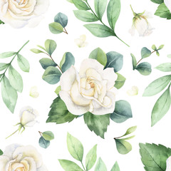 Watercolor vector seamless pattern with eucalyptus leaves and roses.