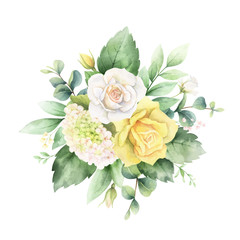 Watercolor vector hand painted bouquet with green eucalyptus leaves and white roses.