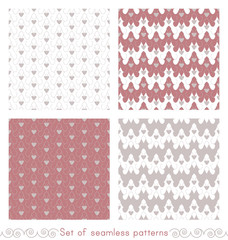 Set of seamless patterns with little hearts, abstract. White, pink red and grey. Vector.