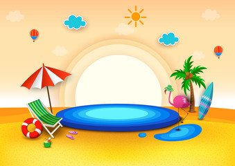 Summer background design with pool podium and beach 3d style.