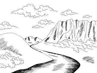 Plateau tableland mountain river graphic black white landscape sketch illustration vector