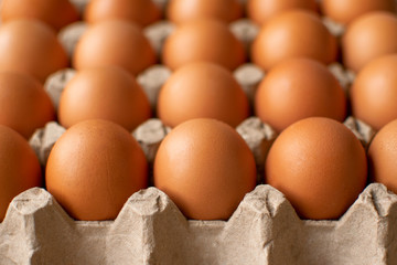 Brown egg in paper packaging. Container for eggs. Recycling. Healthy rustic breakfast