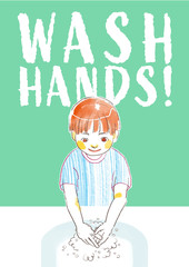 手を洗う子供のベクターイラスト 手洗いをすすめるポスター 学校 幼稚園 水彩風
