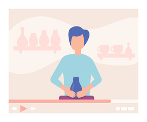 Pottery video tutorial for people want study, vector illustration. Man character shape clay for make decorative modern ceramics. App for distance master knowledge giving, crockery creation.