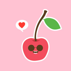 Cute cherry character with face. Kawaii doodle cherry isolated on color background.