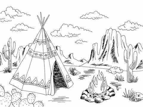 Wigwam American indian house exterior graphic black white landscape sketch illustration vector