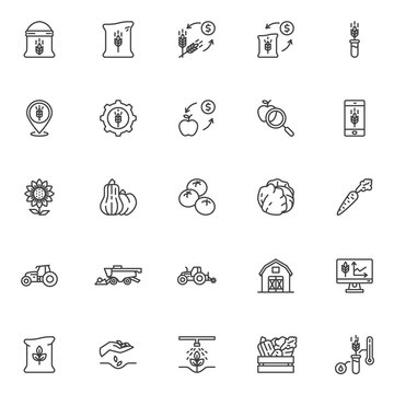 Farming and agriculture line icons set. linear style symbols collection, outline signs pack. vector graphics. Set includes icons as vegetable harvesting, field cultivation tractor, harvester machine