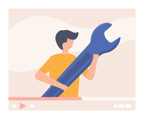 Repair online video tutorial, tool service vector illutration. Man character mechanic with large wrench, device consultation. Engineer technology flat diagnostic and industry maintenance.