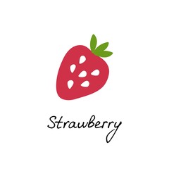 Hand drawn strawberry logo for print and web. Berry icon and strawberry inscription. Vector illustration.