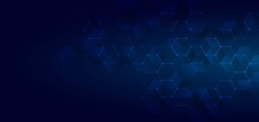 Abstract technology or medical concept blue glowing hexagons shape pattern on dark background