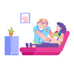 Doctor with stethoscope listen to pregnant woman abdomen, vector illustration. Pregnancy health care in hospital, check flat mother and baby in belly. Clinic professional cartoon examination.