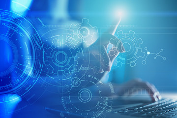 Engineering background with gears draft on virtual screen. Business innovation and modern...