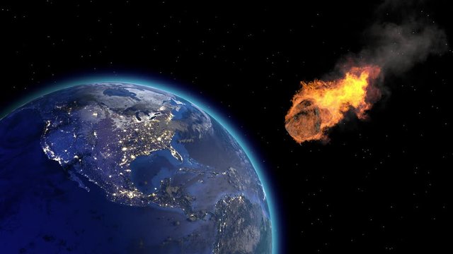 Asteroid Impact on Earth. Asteroid, comet, meteorite glows, enters the earth's atmosphere. Attack of the meteorite. Meteor Rain. Kameta tail. End of the world. Elements of this image furnished by NASA