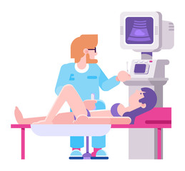 Doctor do ultrasound to pregnant woman character, vector illustration. Pregnancy medical examination, gynecologist baby diagnostic. Special healtcare equipment, baby on monitor screen.