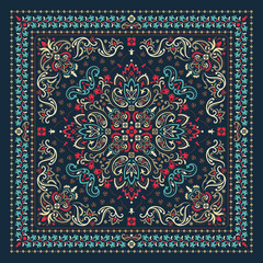 Vector ornament Bandana Print. Traditional ornamental ethnic pattern with paisley and flowers. Silk neck scarf or kerchief square pattern design style, best motive for print on fabric or papper. - 345543801