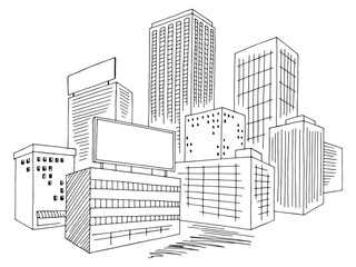 City billboard graphic black white landscape sketch illustration vector