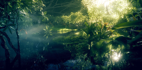 Jungle paradise concept. Deep and dense rainforest vegetation with pond and beautiful sunlight. 3d rendering. - obrazy, fototapety, plakaty