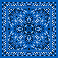 Vector ornament Bandana Print. Traditional ornamental ethnic pattern with paisley and flowers. Silk neck scarf or kerchief square pattern design style, best motive for print on fabric or papper. - 345543839