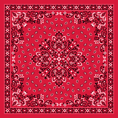 Vector ornament Bandana Print. Traditional ornamental ethnic pattern with paisley and flowers. Silk neck scarf or kerchief square pattern design style, best motive for print on fabric or papper. - 345544038