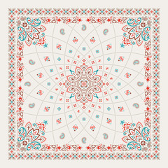 Vector ornament Bandana Print. Traditional ornamental ethnic pattern with paisley and flowers. Silk neck scarf or kerchief square pattern design style, best motive for print on fabric or papper. - 345544073