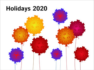 Holidays 2020. Balloons like coronavirus. Parade, Victory day.  Symbol of isolation and cancellation of celebration of a holiday, party, birthday.