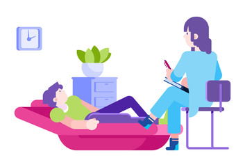 Doctor psychiatrist help teenager patient, vector illustration. Psychology therapy for cartoon guy mental health, depression care and counseling. Professional psychotherapy session consultation.