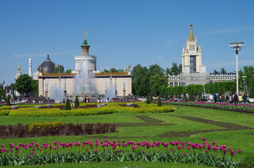 MOSCOW, RUSSIA - May, 2019: The All Russian Exhibition Center in sunny day