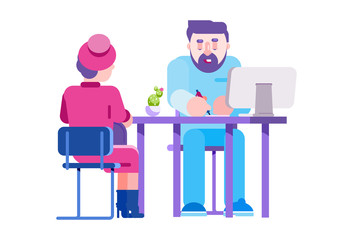 Clinic health care, elderly woman character at doctor appointment, vector illustration. Professional therapist listen cartoon senior in hospital. Medical worker use computer and paper for notes.