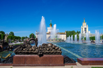 MOSCOW, RUSSIA - May, 2019: Fountain Stone Flower  at Exhibition Center in spring day