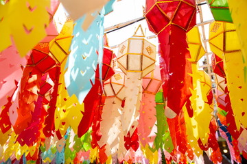 lanna yee peng hanging paper lamp decoration at temple in north of Thailand .