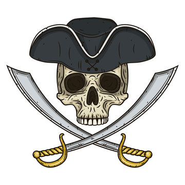 Vector Single Cartoon Pirate Skull in hat with Cross Swords.