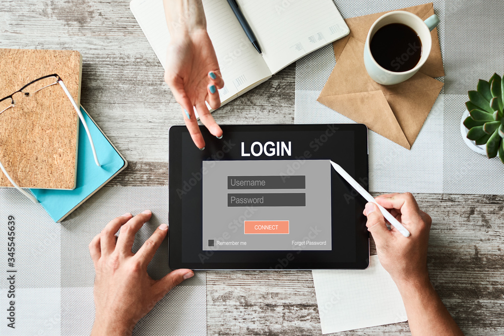 Poster access window. enter login and password. cyber protection. information privacy. internet and technol