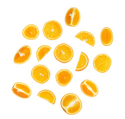 Group of fresh cut orange fruits macro photo isolated on white background