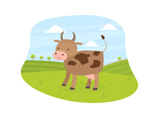 Cow Pasturing on Meadow, Summer Rural Landscape Vector Illustration