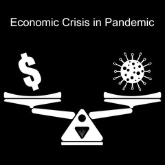 Weighing scale with dollar sign and virus symbol. Concept of Economic crisis in pandemic outbreak