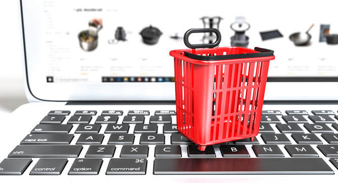 Shopping Basket Of Red Color On A Keyboard Of A Laptop