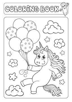 Coloring book unicorn with balloons 1