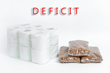 Buckwheat and toilet paper packaging. Donation kit on white isolated background. Anti-crisis stock...