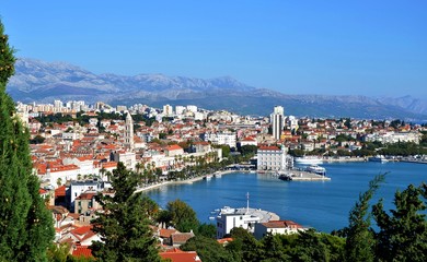 Aerial view of the old town and harbor of Split Croatia