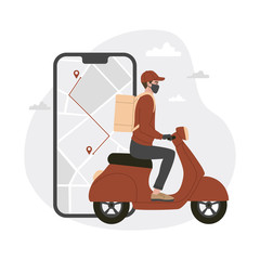 Concept of online delivery app in quarantine time, courier in a respiratory mask on an moped. Vector illustration on the white isolated background. 