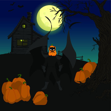 Halloween night vector illustration. Stuffed pumpkin skeleton in a black suit on a background of a haunted house and full moon.