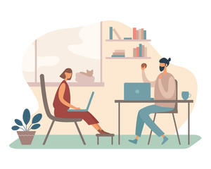 Modern couple working remotely from home together