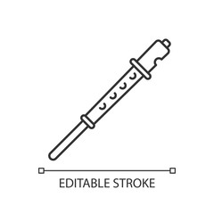 Flute pixel perfect linear icon. Recorder musical instrument. Orchestral performance. Thin line customizable illustration. Contour symbol. Vector isolated outline drawing. Editable stroke