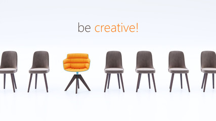 Stühle in einer Reihe: einer ist anders: Konzept Jobsuche, Kreativität und Innovation - obrazy, fototapety, plakaty