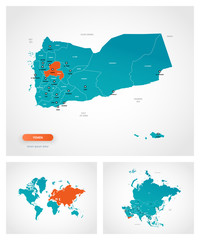 Editable template of map of Yemen with marks. Yemen  on world map and on Asia map.