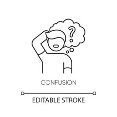 Confusion pixel perfect linear icon. Thinking of question. Man in doubt. Frustrated expression. Thin line customizable illustration. Contour symbol. Vector isolated outline drawing. Editable stroke
