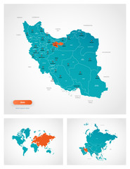 Fototapeta premium Editable template of map of Iran with marks. Iran on world map and on Asia map.