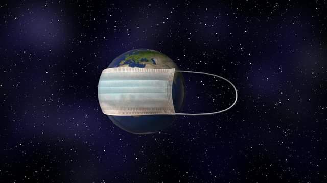 World pandemic danger. Realistic planet Earth with surgery mask overy starry backgroud