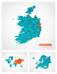 Editable template of map of Ireland with marks. Ireland on world map and on Europe map.